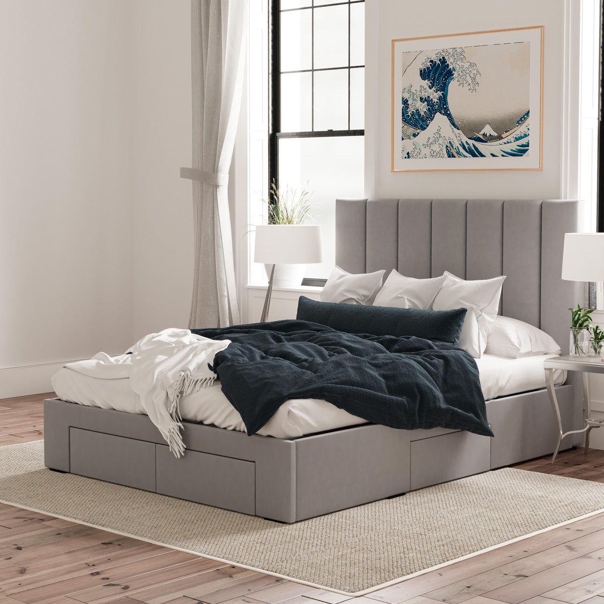 Celine Bed Frame with Four Storage Drawers (Grey Fabric)