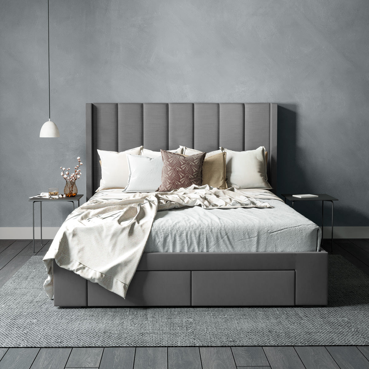 Emilie Winged Bed Frame with Four Storage Drawers (Charcoal Fabric)