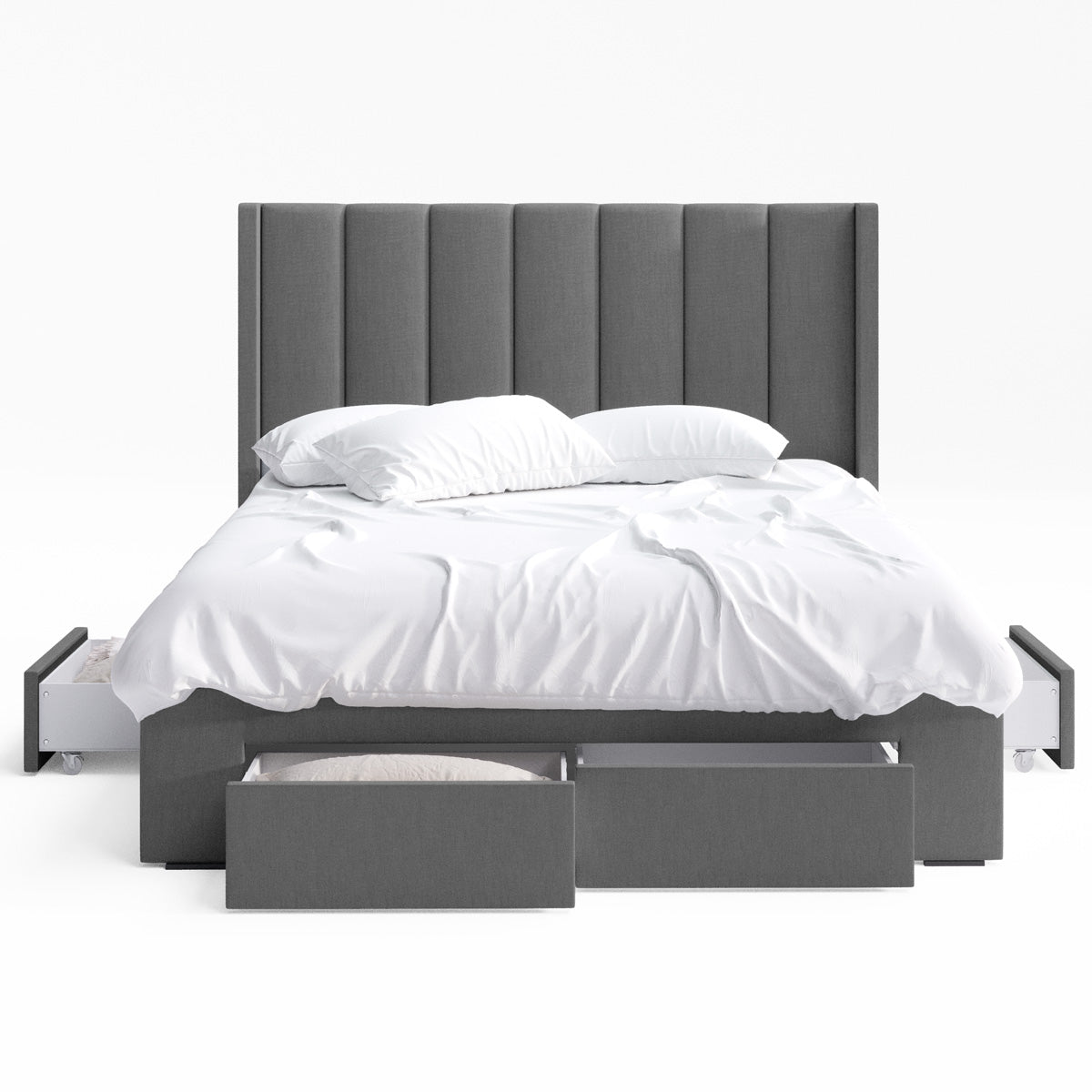 Emilie Winged Bed Frame with Four Storage Drawers (Charcoal Fabric)