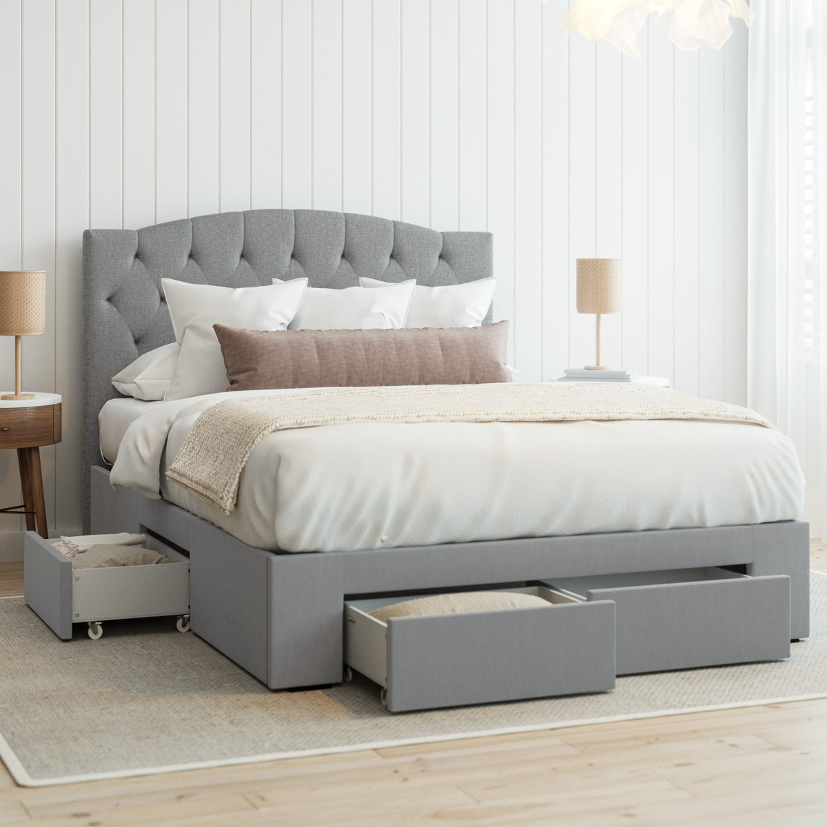 Charlotte Curved Bed Frame with Four Storage Drawers (Grey Fabric)