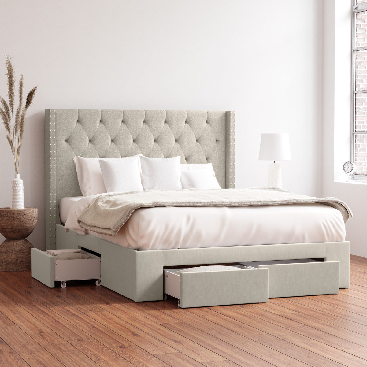 Leonora Wing Bed Frame with Four Storage Drawers (Natural Beige Fabric)