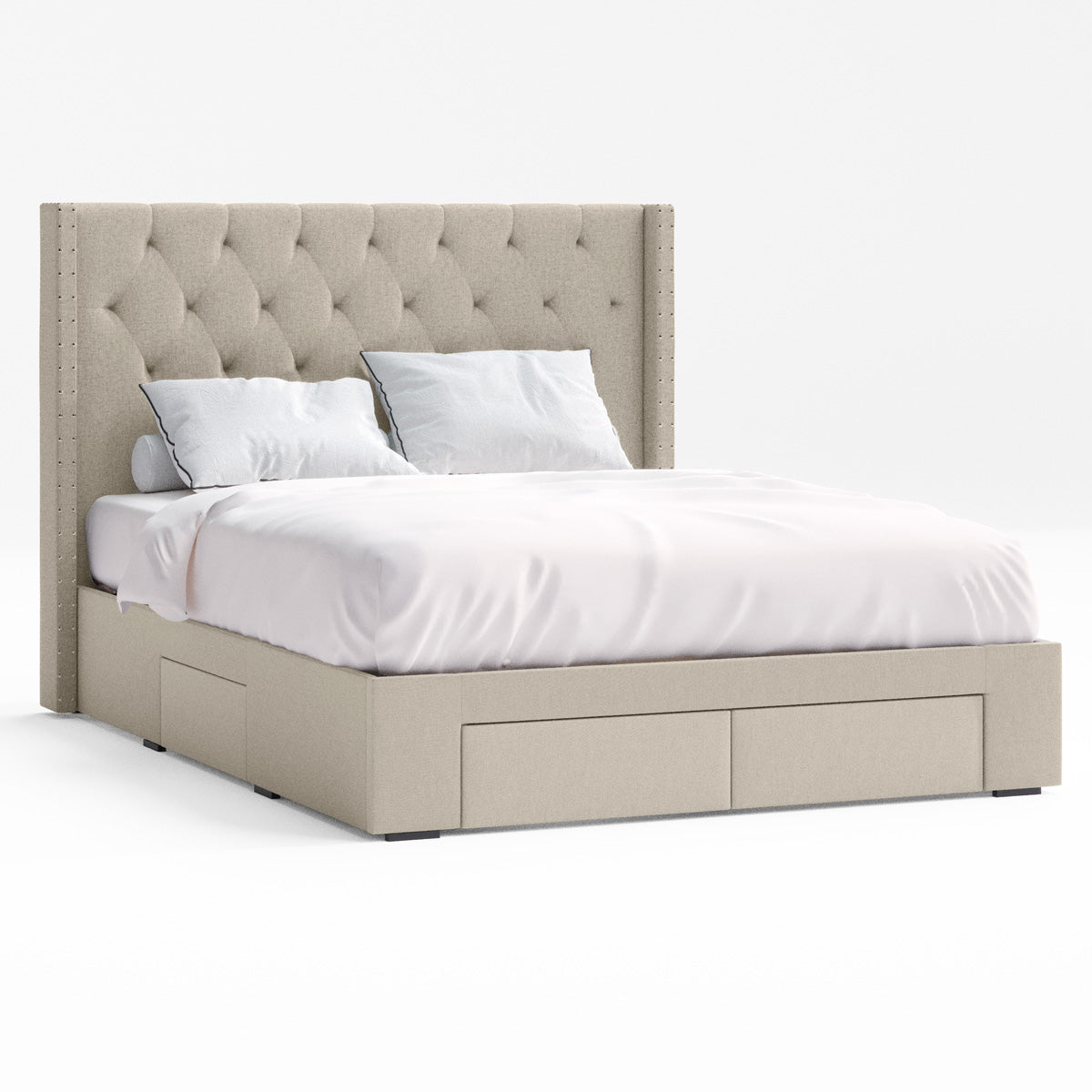Leonora Wing Bed Frame with Four Storage Drawers (Natural Beige Fabric)