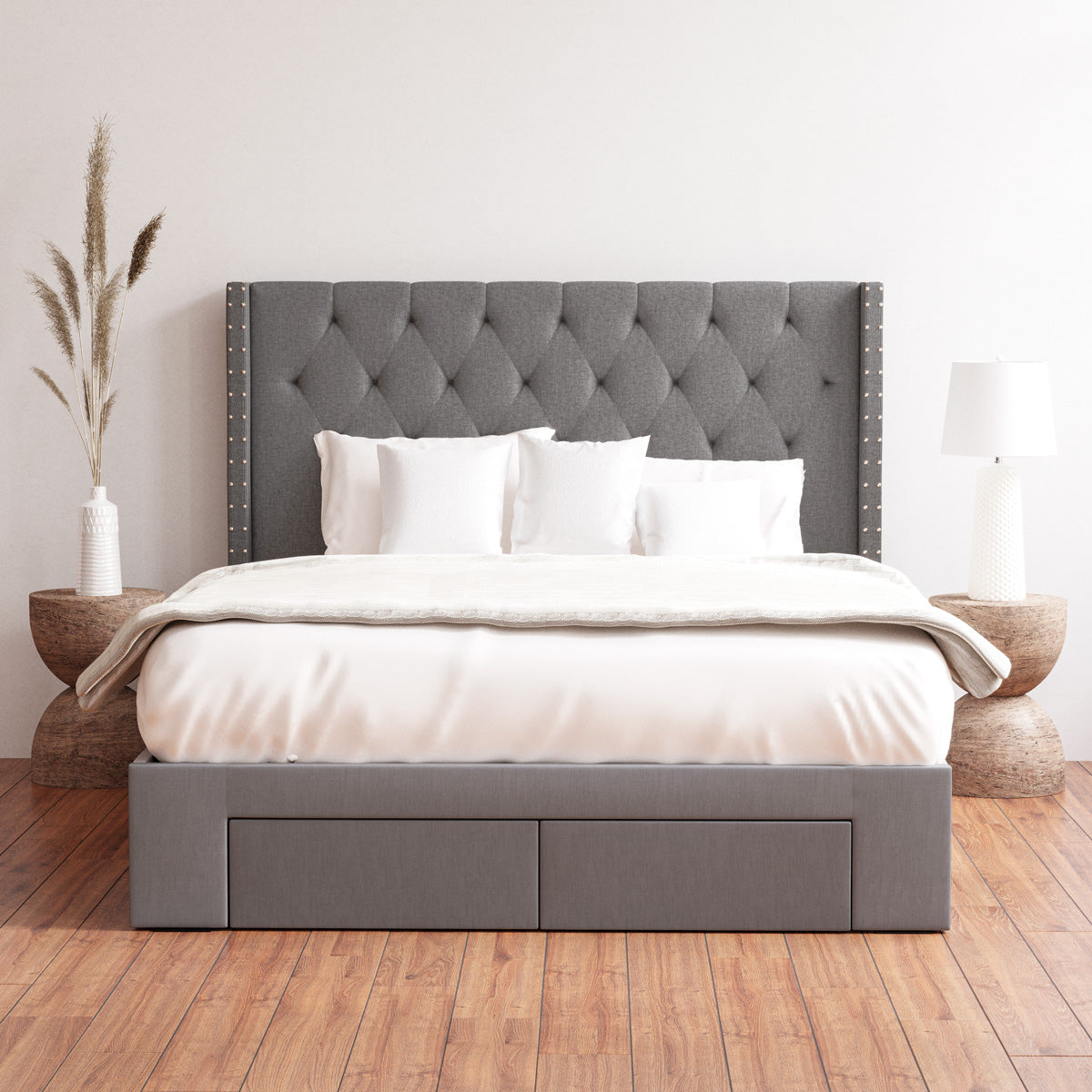Leonora Wing Bed Frame with Four Storage Drawers (Charcoal Fabric)
