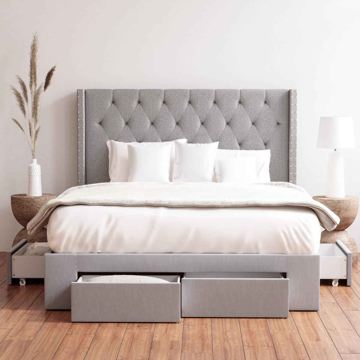 Grey Leonora Storage Bed Frame with Aspen Bedside Tables Package
