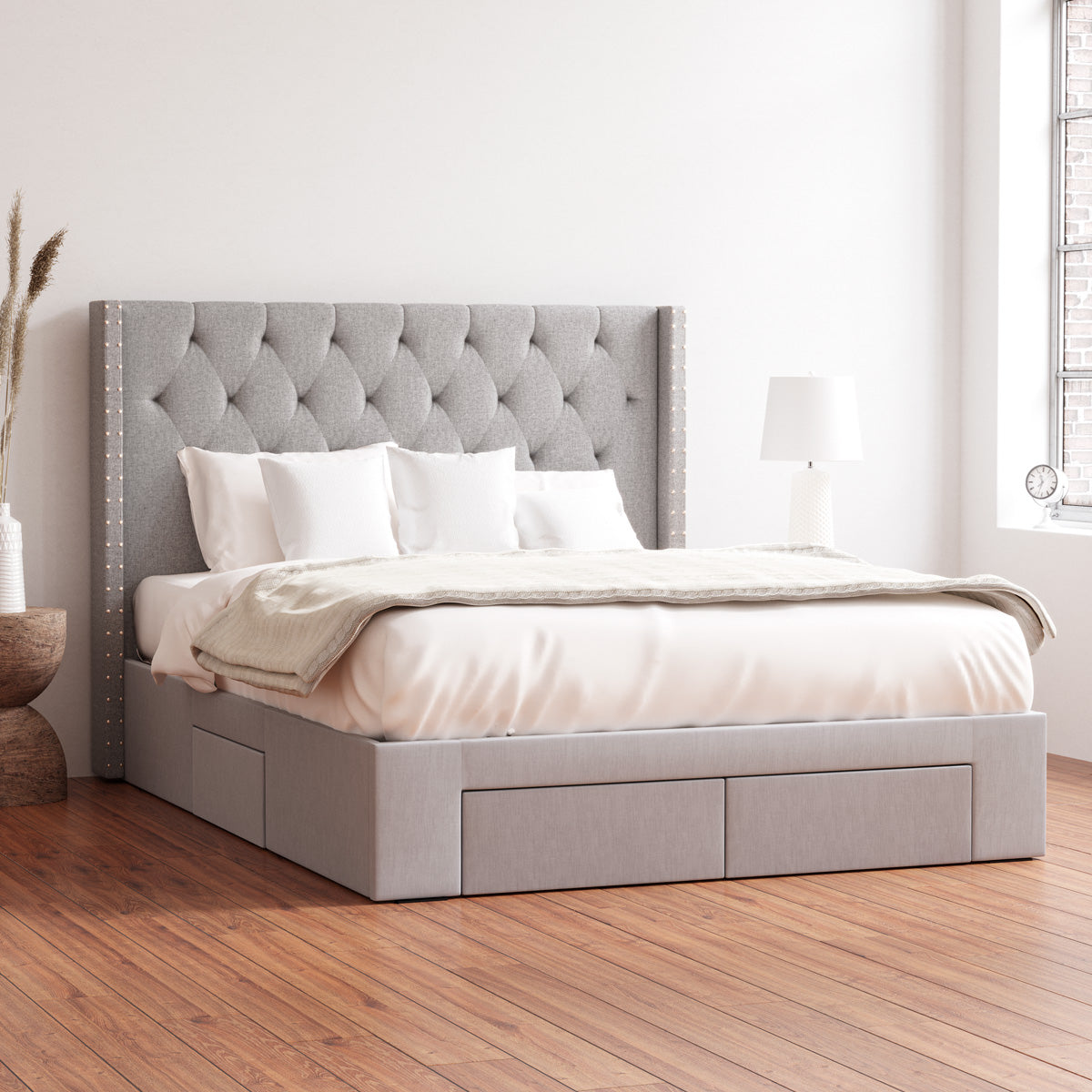 Leonora Wing Bed Frame with Four Storage Drawers (Grey Fabric)