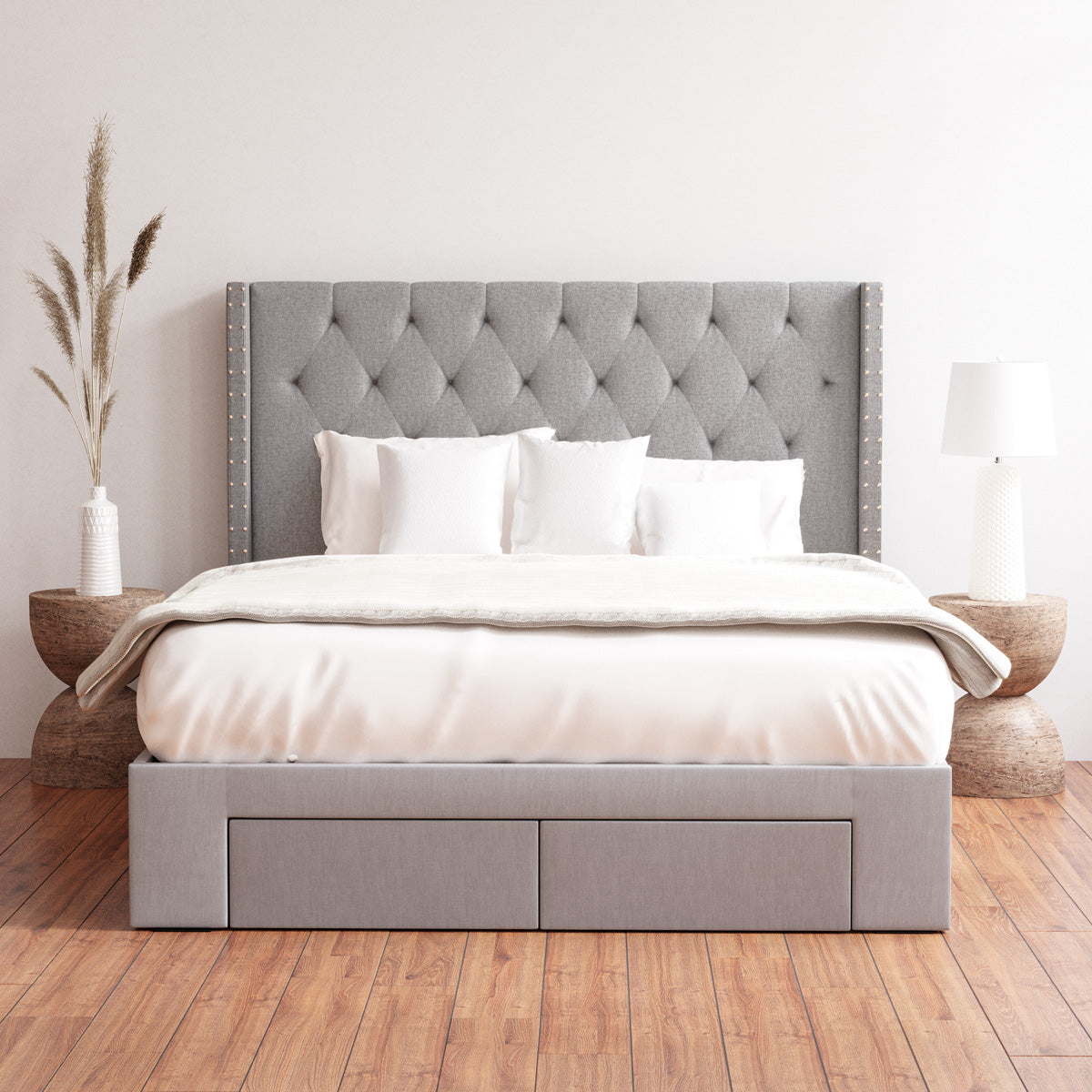 Grey Leonora Storage Bed Frame with Aspen Bedside Tables Package