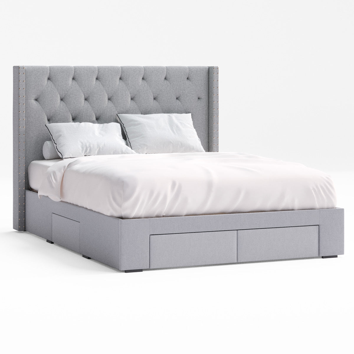 Leonora Wing Bed Frame with Four Storage Drawers (Grey Fabric)