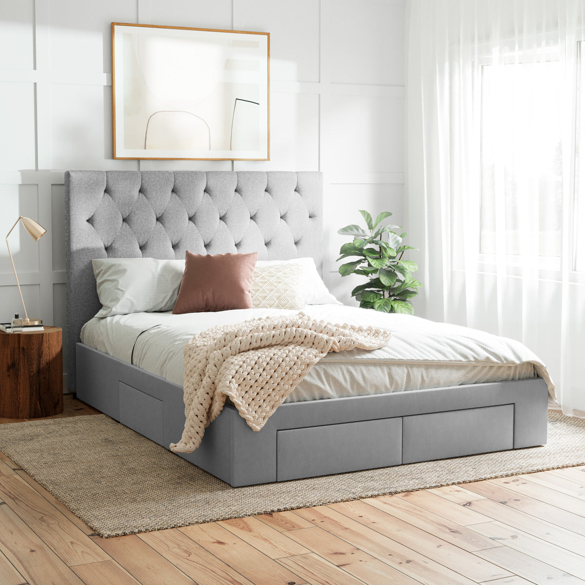 Fenwick Bed Frame with Four Storage Drawers (Grey Fabric)
