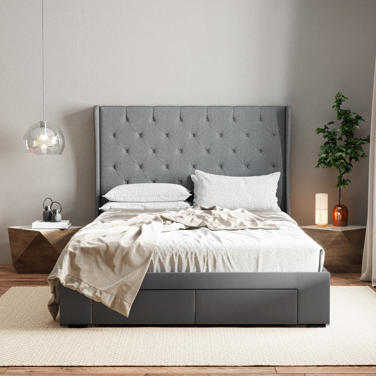 Windsor Winged Bed Frame with Four Storage Drawers (Charcoal Fabric)