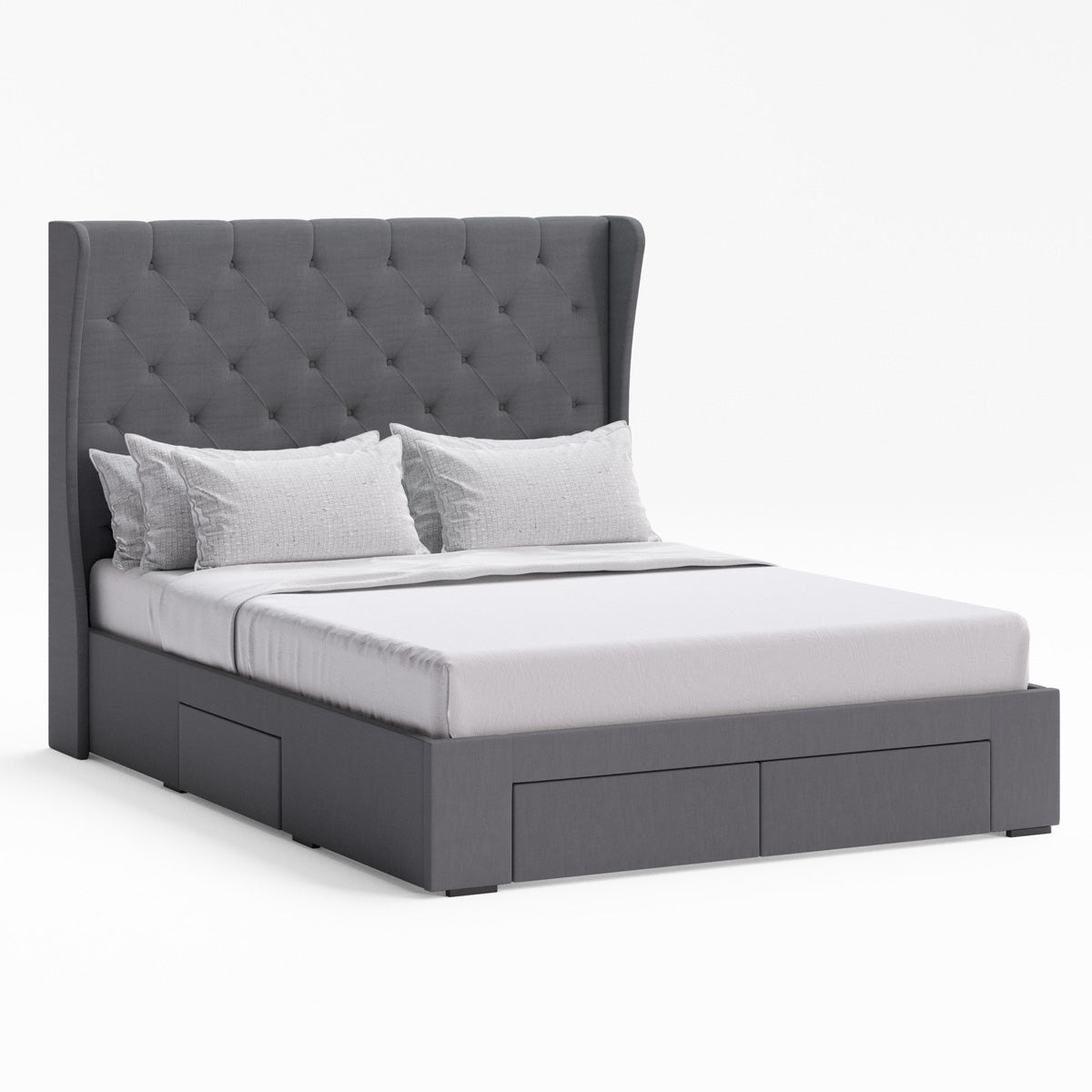 Windsor Winged Bed Frame with Four Storage Drawers (Charcoal Fabric)
