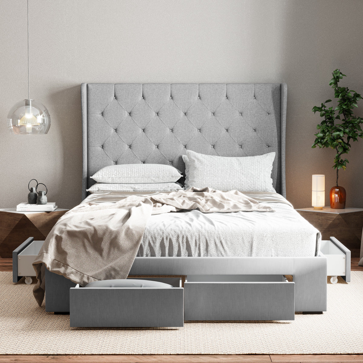 Windsor Winged Bed Frame with Four Storage Drawers (Grey Fabric)
