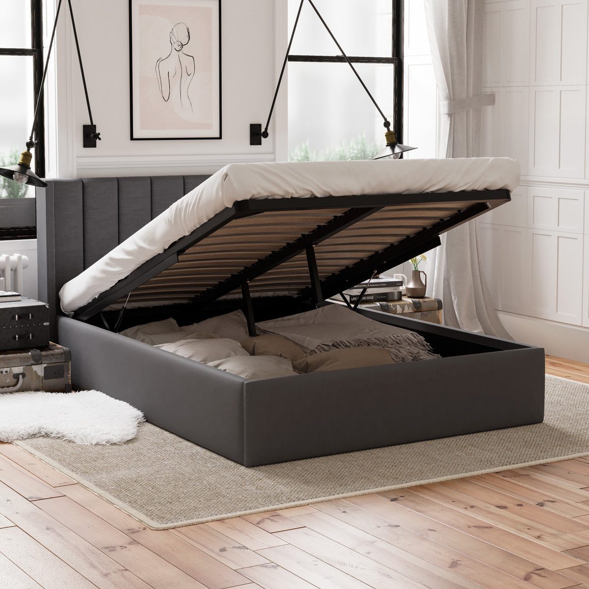 Emilie Gas Lift Storage Wing Bed Frame (Charcoal Fabric)