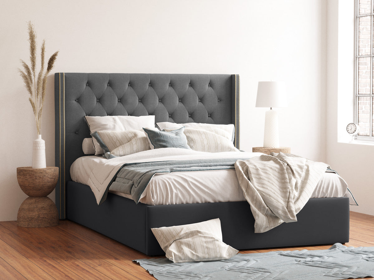 Giselle Gas Lift Storage Wing Bed Frame with Studs (Charcoal Fabric)