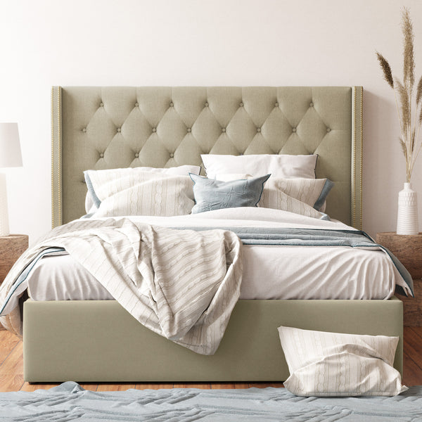 Giselle Gas Lift Storage Wing Bed Frame with Studs (Tuscan Beige Fabri