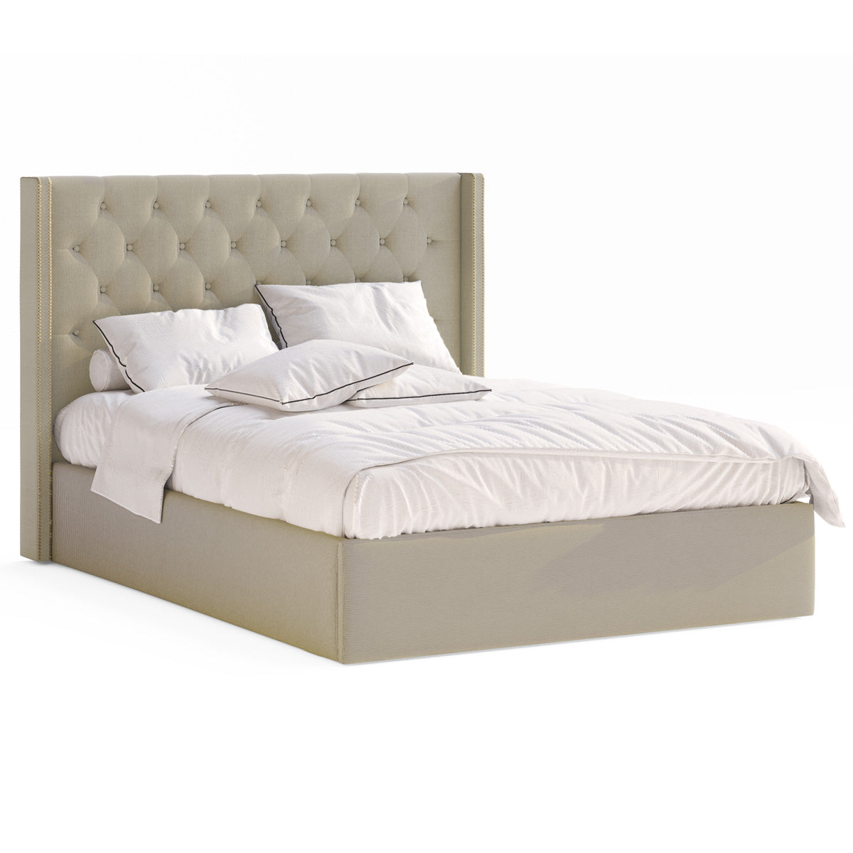 Giselle Gas Lift Storage Wing Bed Frame with Studs (Tuscan Beige Fabric)