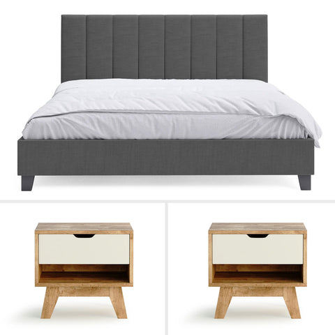Charcoal Ormond Fabric Bed Frame with Heston Bedside Tables Package