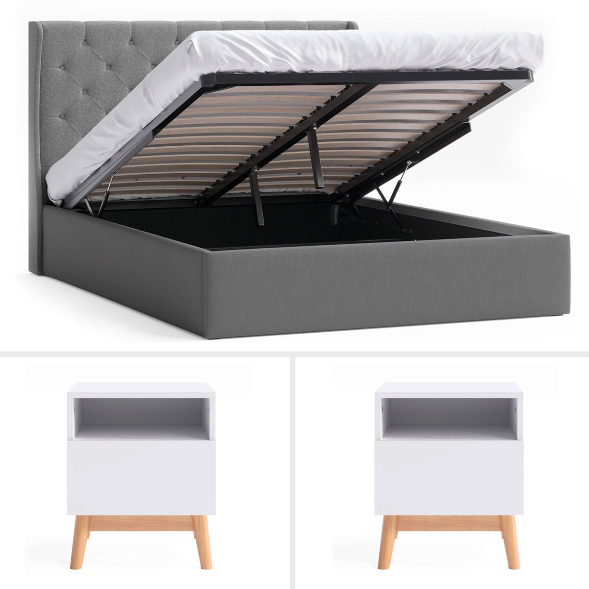 Charcoal Stella Gas Lift Storage Bed Frame with Aspen Bedside Tables Package