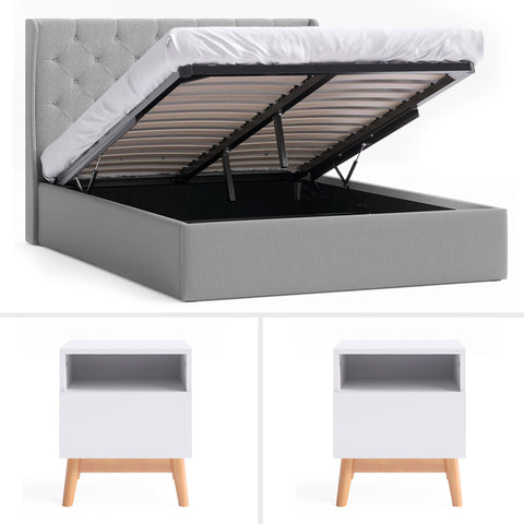 Grey Stella Gas Lift Storage Bed Frame with Aspen Bedside Tables Package