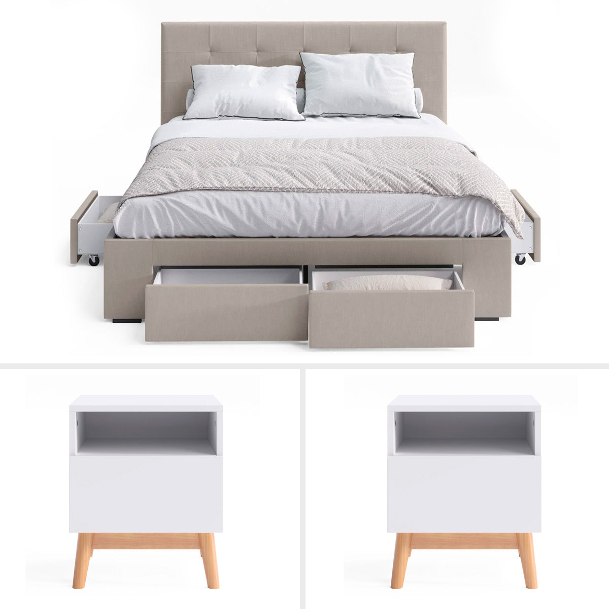 Beige Audrey Storage Bed Frame with Aspen Bedside Tables Package