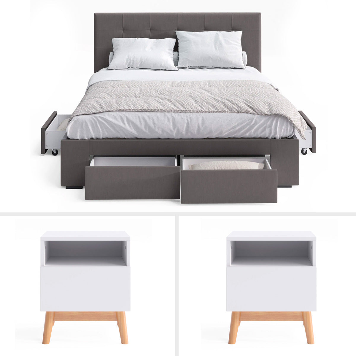Charcoal Audrey Storage Bed Frame with Aspen Bedside Tables Package