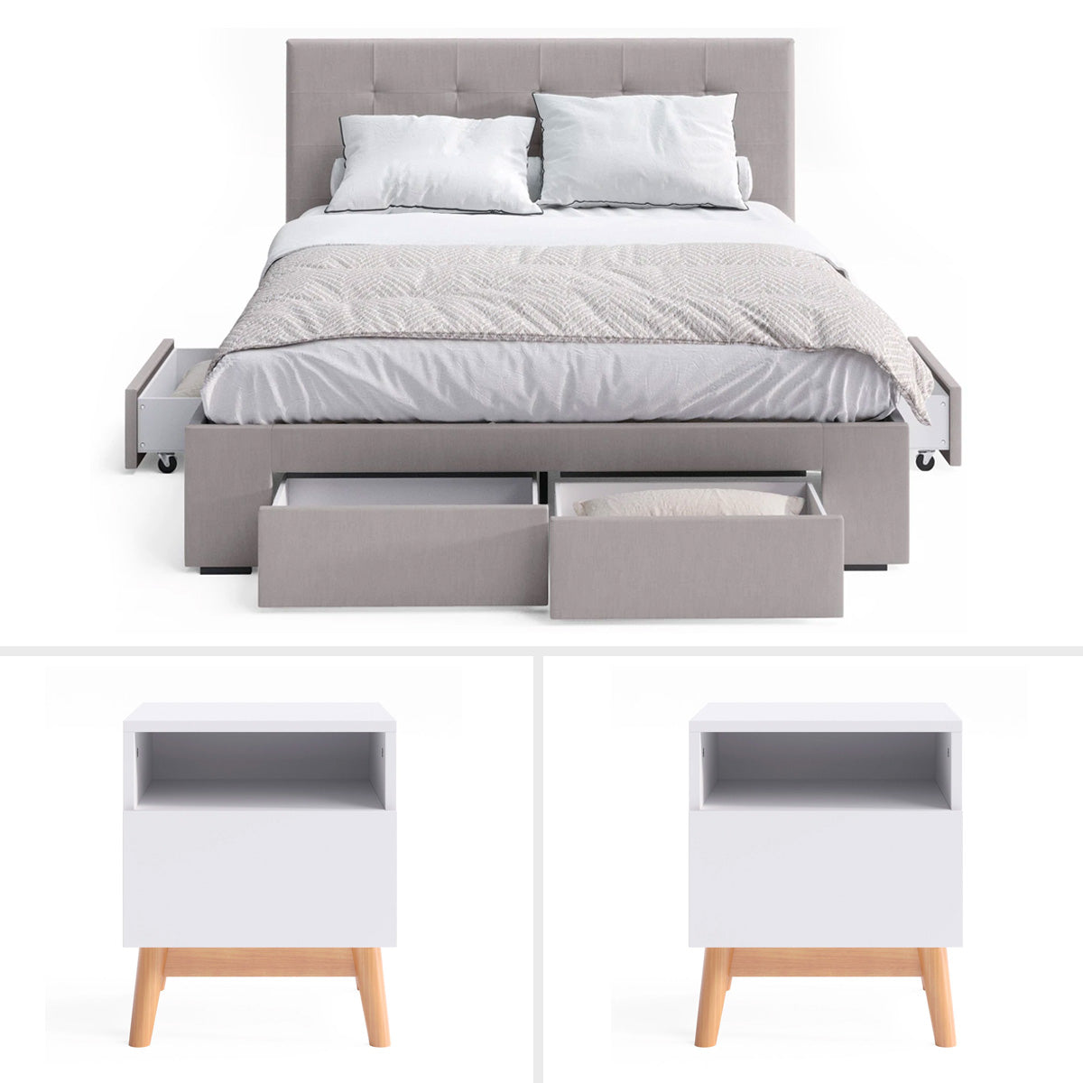 Grey Audrey Storage Bed Frame with Aspen Bedside Tables Package