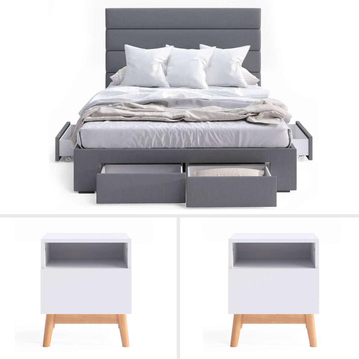 Charcoal Benny Storage Bed Frame with Aspen Bedside Tables Package
