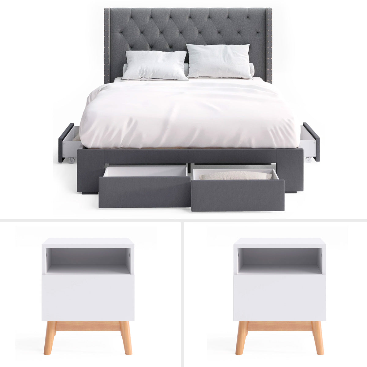 Charcoal Leonora Storage Bed Frame with Aspen Bedside Tables Package