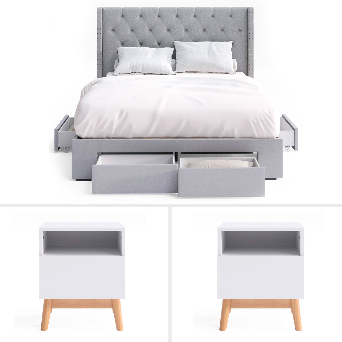 Grey Leonora Storage Bed Frame with Aspen Bedside Tables Package