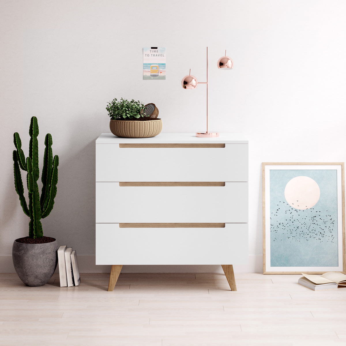 White Three Drawer Chest Unit with Solid Oak Legs (Olsen Collection)