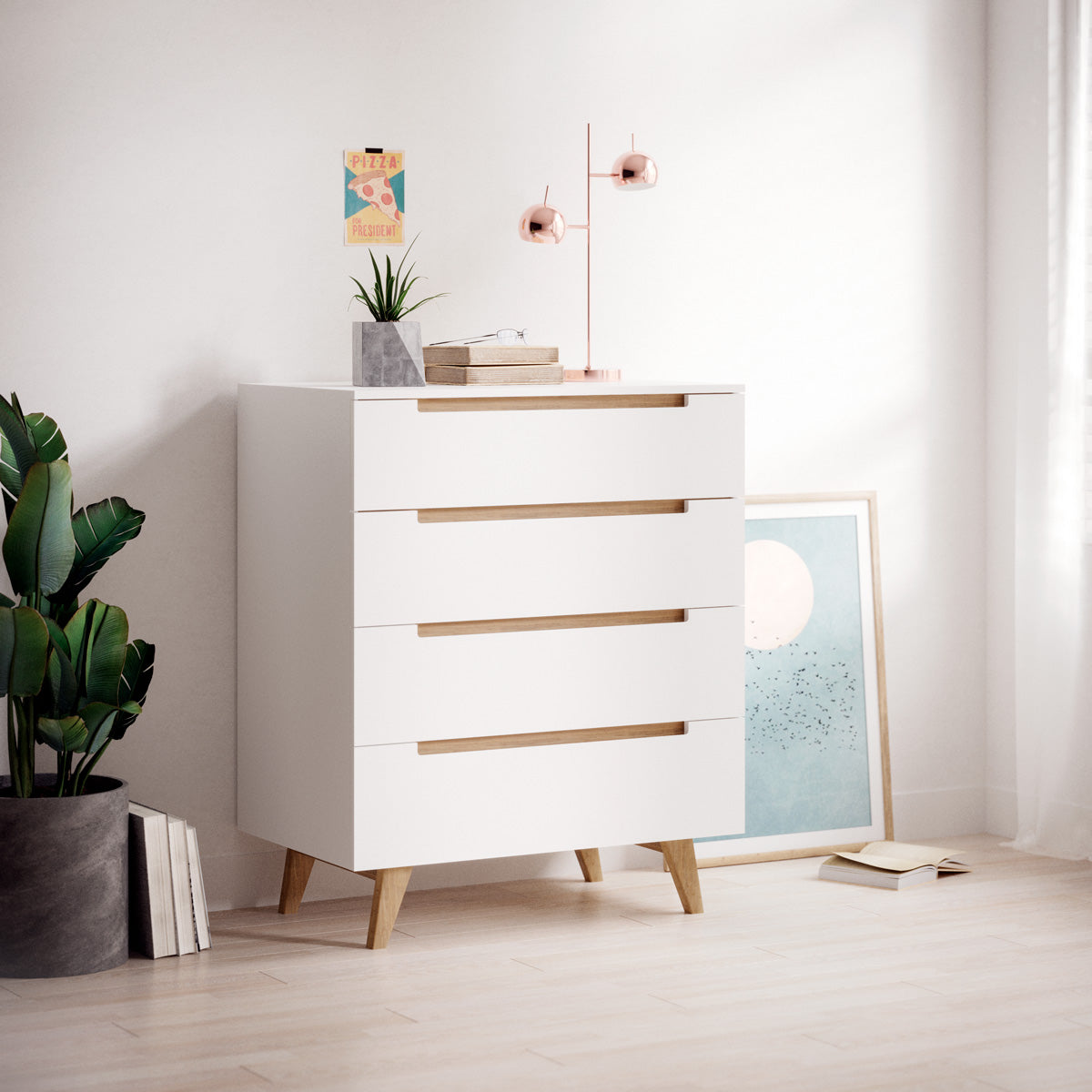White Four Drawer Tallboy Unit with Solid Oak Legs (Olsen Collection)