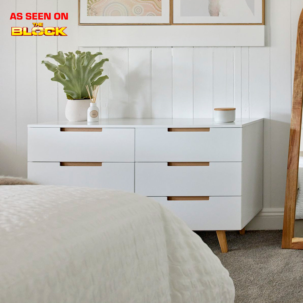 White Six Drawer Wooden Dresser Lowboy Chest with Solid Oak Legs (Olsen)