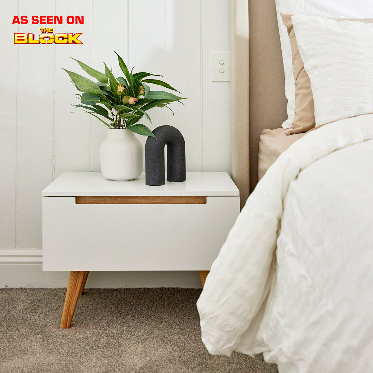 White Wooden Bedside Table with Solid Oak Legs (Olsen Collection)