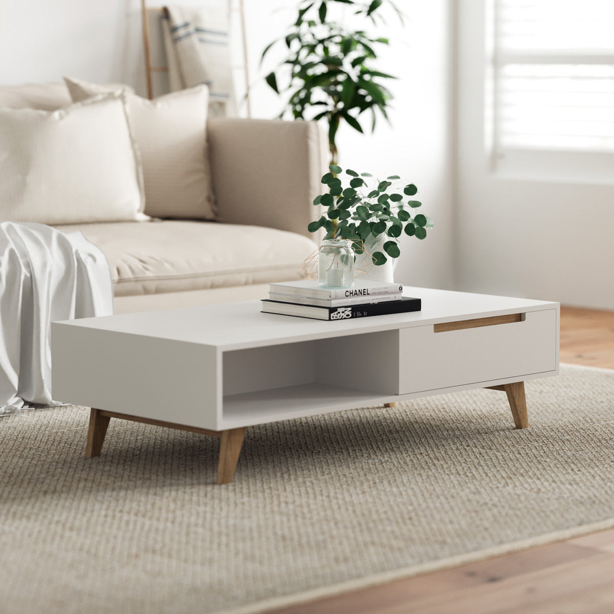 White Coffee Table with Solid Oak Legs (Olsen Collection)