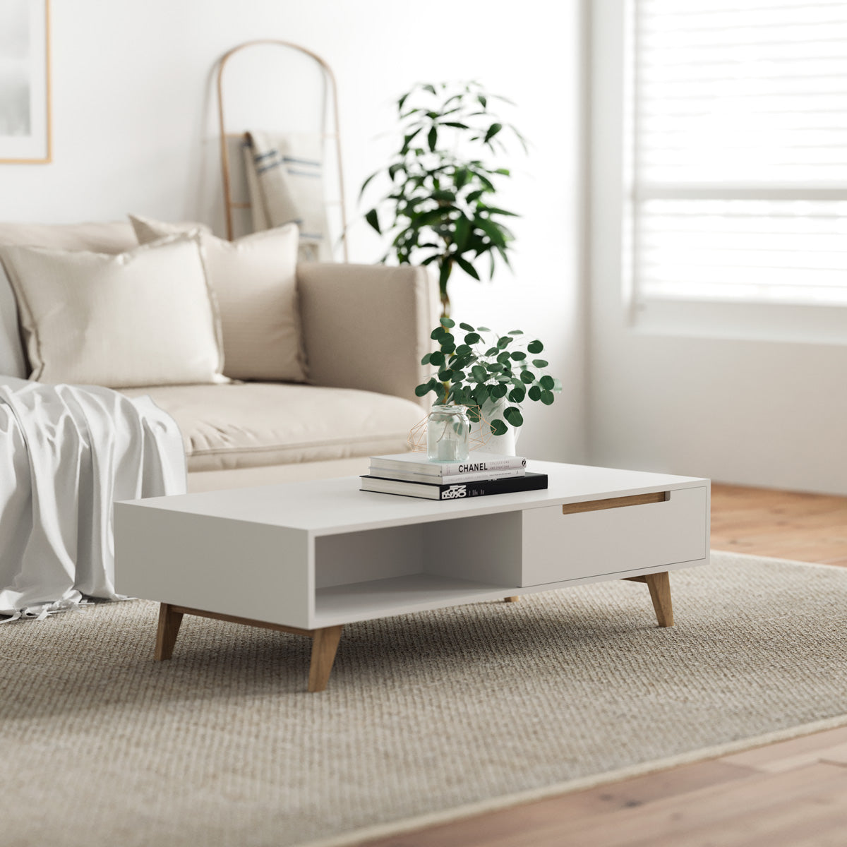 White Coffee Table with Solid Oak Legs (Olsen Collection)