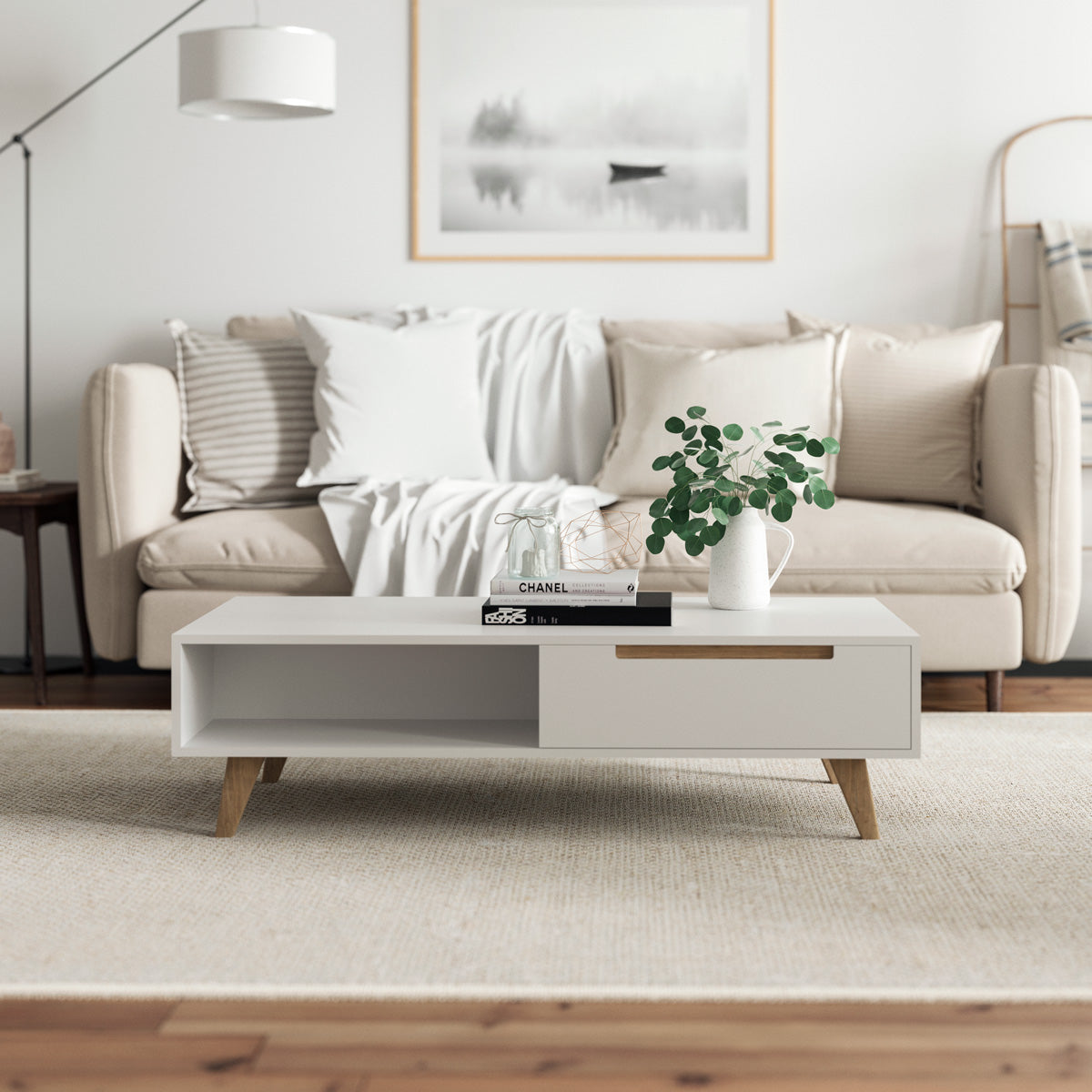 White Coffee Table with Solid Oak Legs (Olsen Collection)