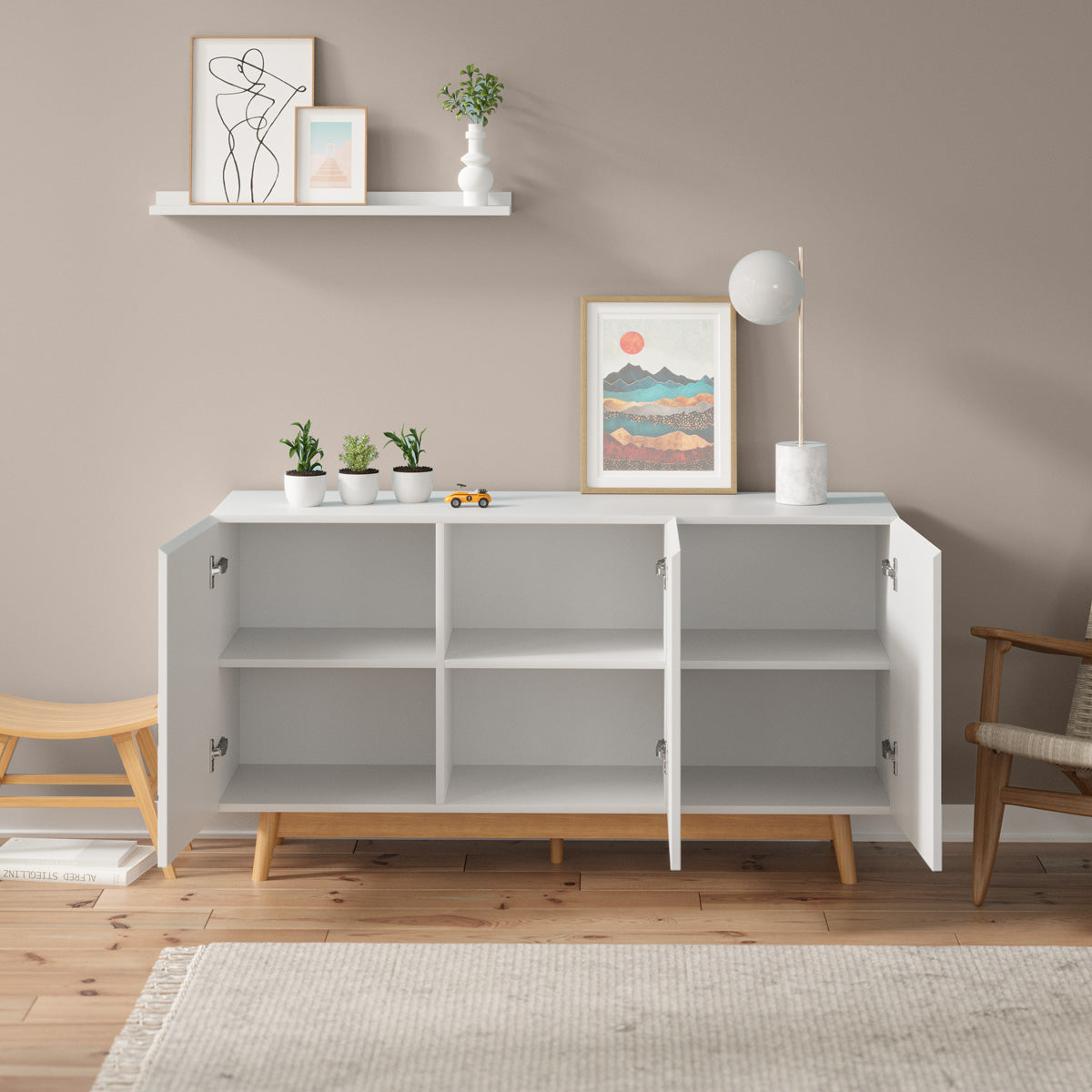White Sideboard Buffet Unit with Solid Wood Legs (Aspen)