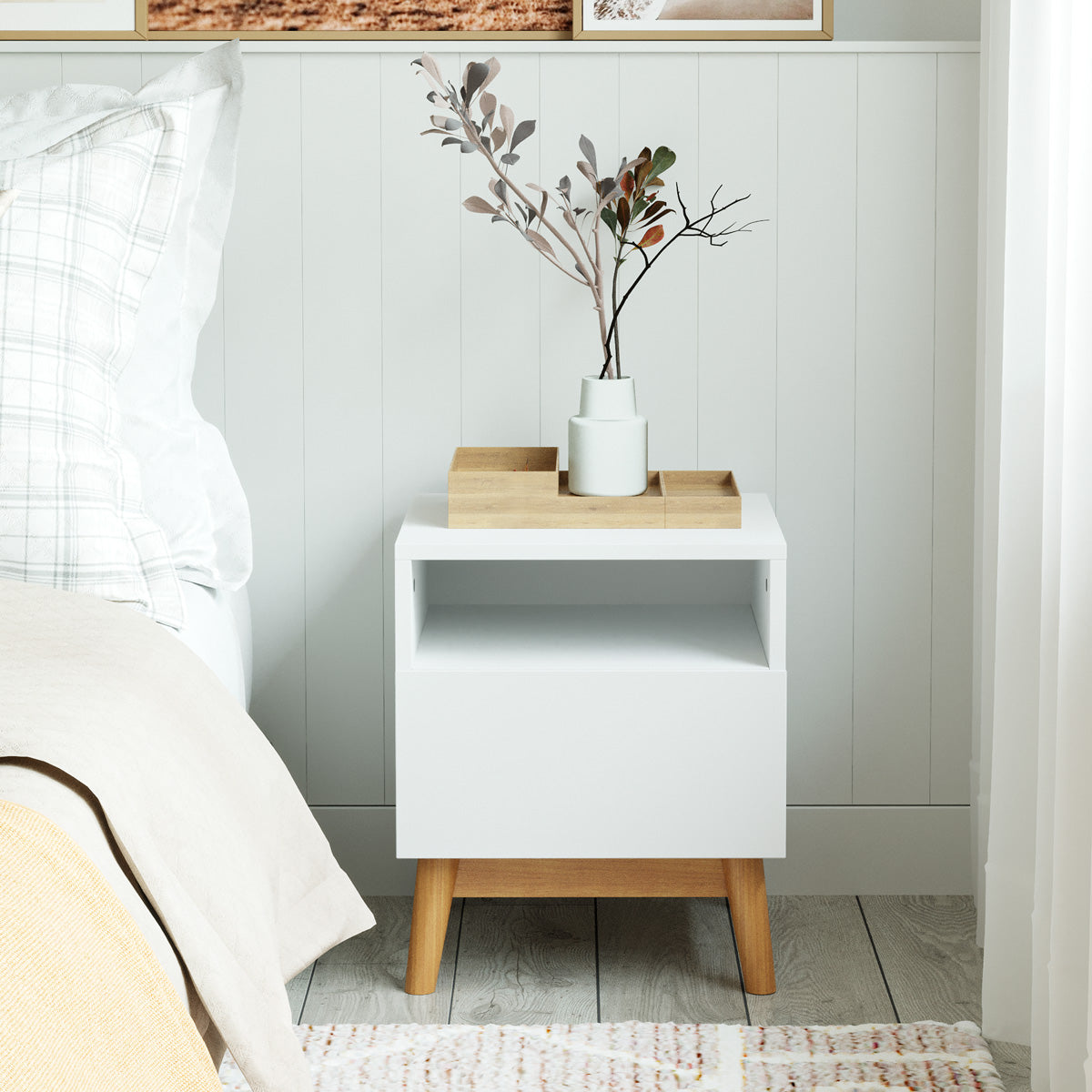 White Wooden Bedside Table with Solid Wood Legs (Aspen)