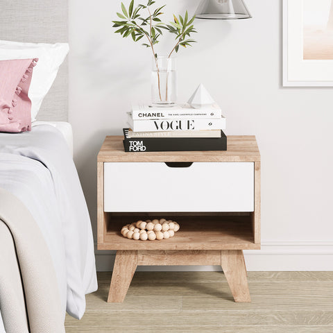 Wooden Bedside Table with White Drawer (Bjorn Collection)