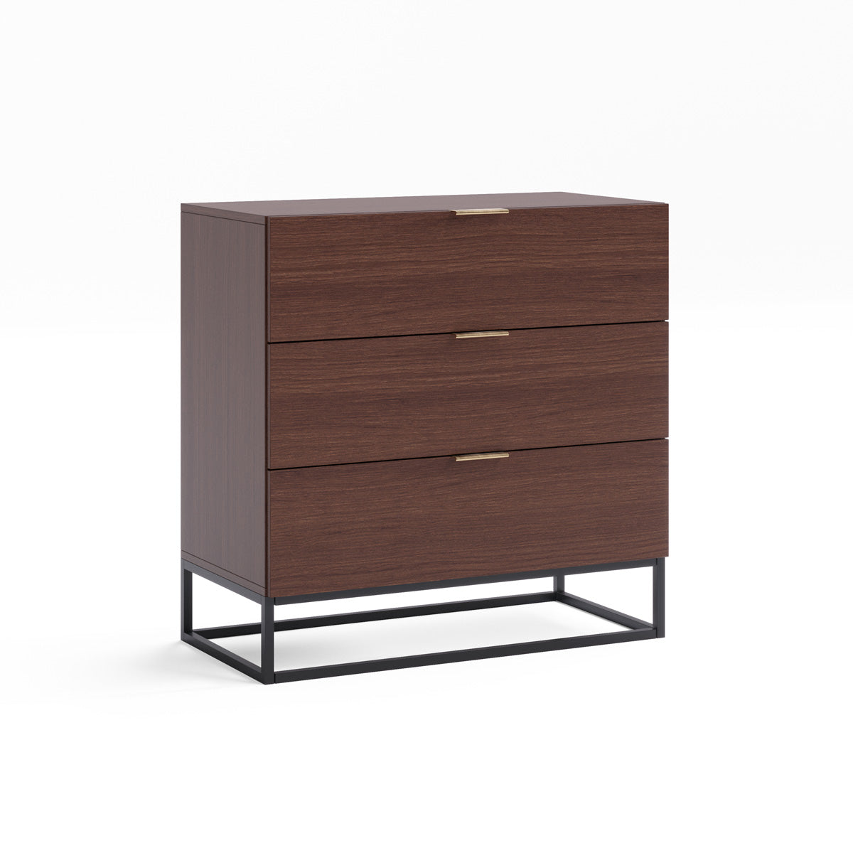 Walnut Three Drawer Wooden Chest of Drawers With Metal Base (Darcy Collection)