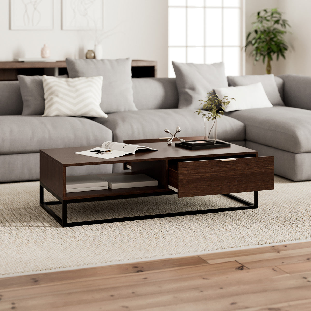 Walnut Coffee Table with Metal Base (Darcy Collection)