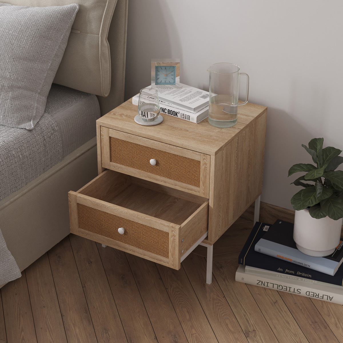 Rattan Cane Bedside Table with Drawers (Milo)
