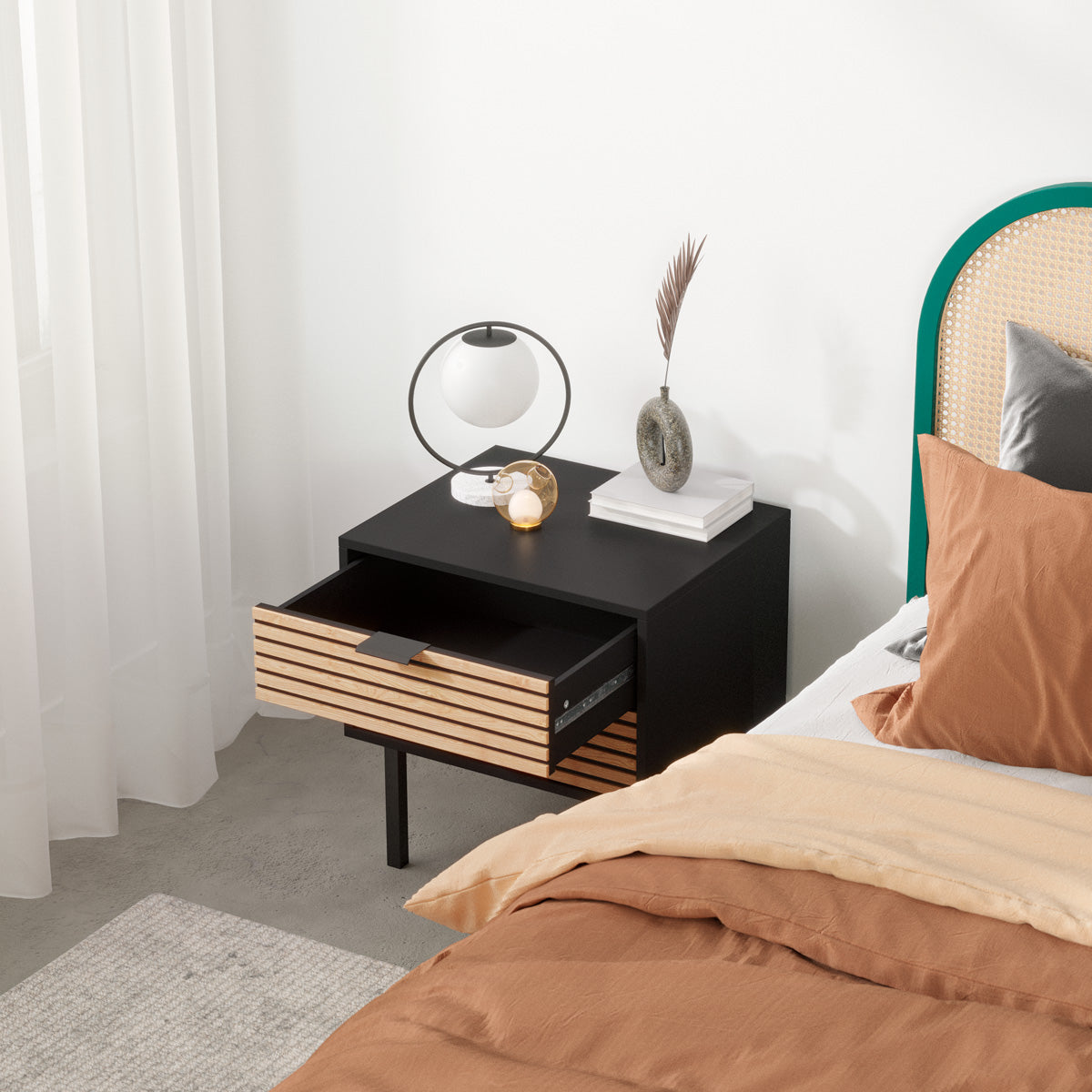 Black Wooden Bedside Table with Slatted Drawers (Zen Collection)