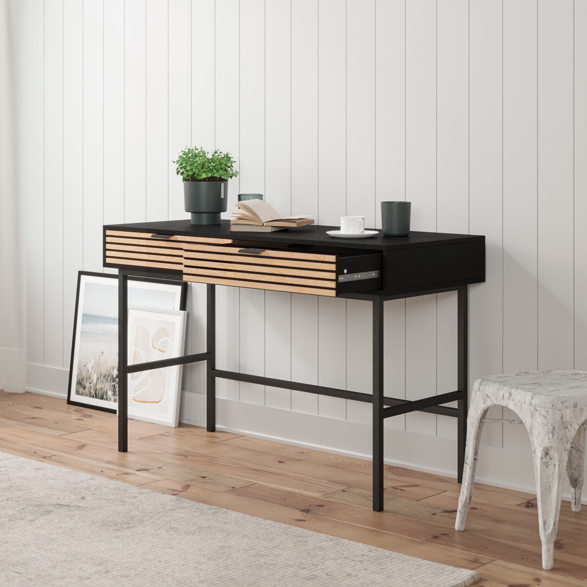 Black Study Desk Console Table with Slatted Drawers (Zen Collection)