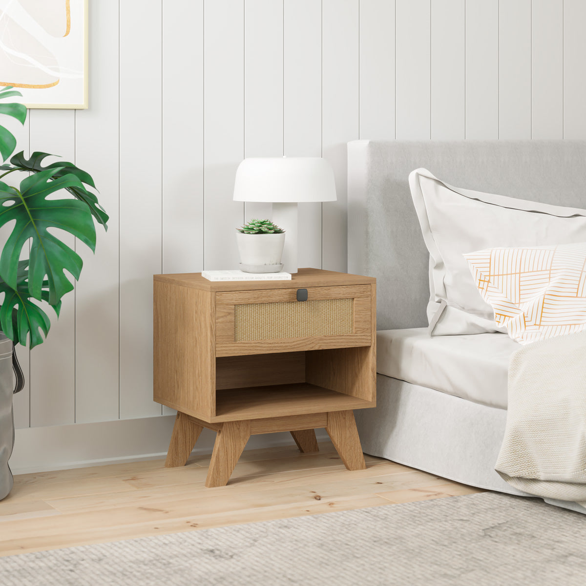 Rattan Cane Wooden Bedside Table (Talia)